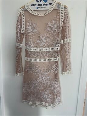 For Love & Lemons Beige Sheer Lace Long Sleeve Mini Dress with White Embroidery